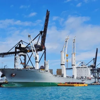 Fotografia de buque de carga color blanco con verde en puerto de Miami