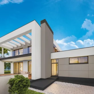 Fotografia de fachada de casa moderna pintada con Pintura para exteriores Jotashield de la marca Jotun