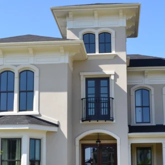 Fotografia de exterior de casa grande pintada de gris claro y verde, con muchas ventanas y un balcon en el centro